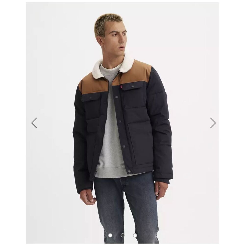 Levi’s Woodland Quilted Puffer Jacket Navy & Brown sz S NWOT